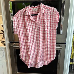 Red and White Checkered Seersucker Button-Up Shirt for women.